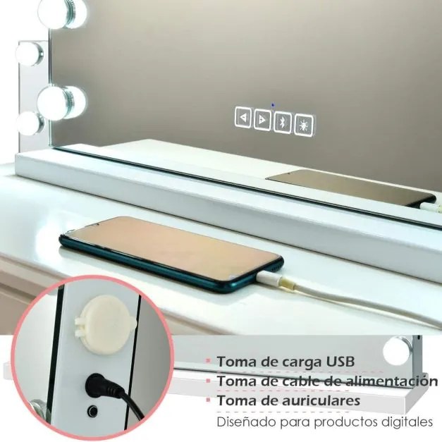 Espelho de maquilhagem com 2 altifalantes 15 luzes LED 3 cores de luz Espelho pequeno com ampliação de 10x Espelho cosmético Bluetooth Branco