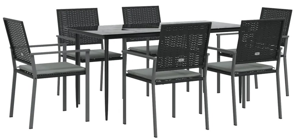 7 pcs conjunto de jantar p/ jardim c/ almofadões vime PE e aço