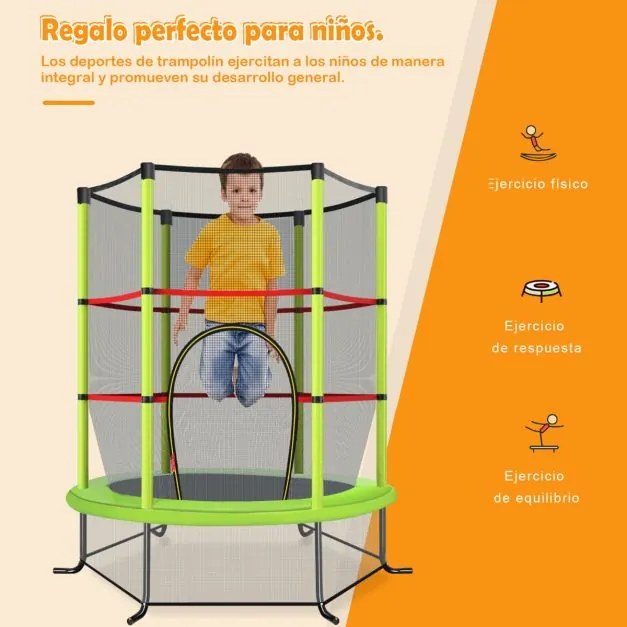 Trampolim para crianças 191 cm com rede de segurança e almofada para molas recreativas Estrutura em aço Verde