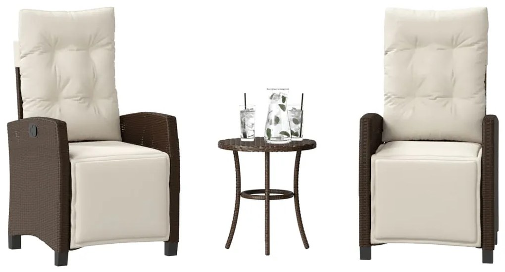 vidaXL 3 pcs conjunto bistrô com almofadões vime PE castanho