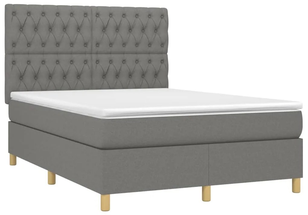 Cama box spring c/ colchão e LED 140x200 cm tecido cinza-escuro