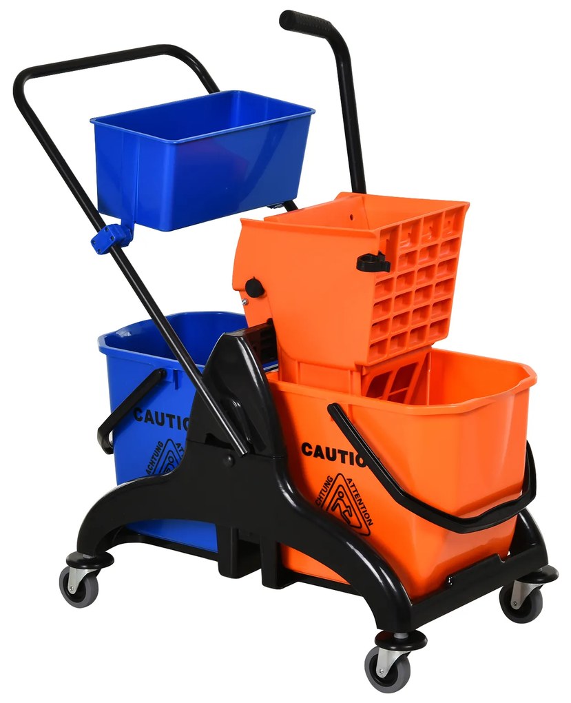 HOMCOM Balde para esfregona comercial Balde para esfregona com escorredor de baixa pressão 26L Capacidade com 4 rodas silenciosas Baldes separados duplos 78x45x95cm Laranja e azul