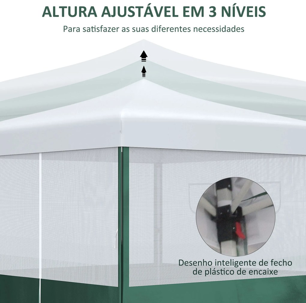 Tenda Dobrável 2,7x2,7cm Tenda de Jardim com Proteção UV30 Altura Ajustável em 3 Níveis 2 Janelas e Bolsa de Transporte para Pátio Varanda Branco e Ve