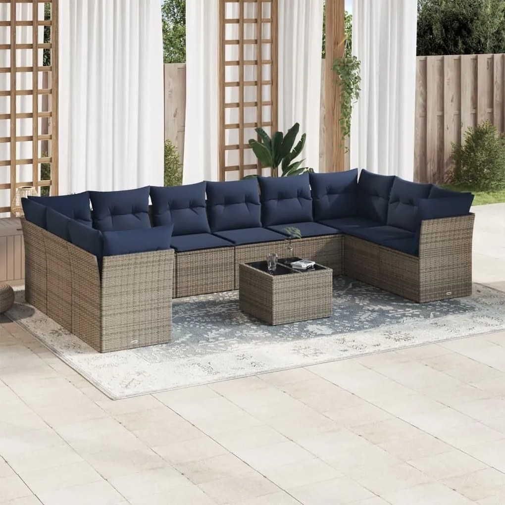 vidaXL 11 pcs conjunto sofás de jardim c/ almofadões vime PE cinzento