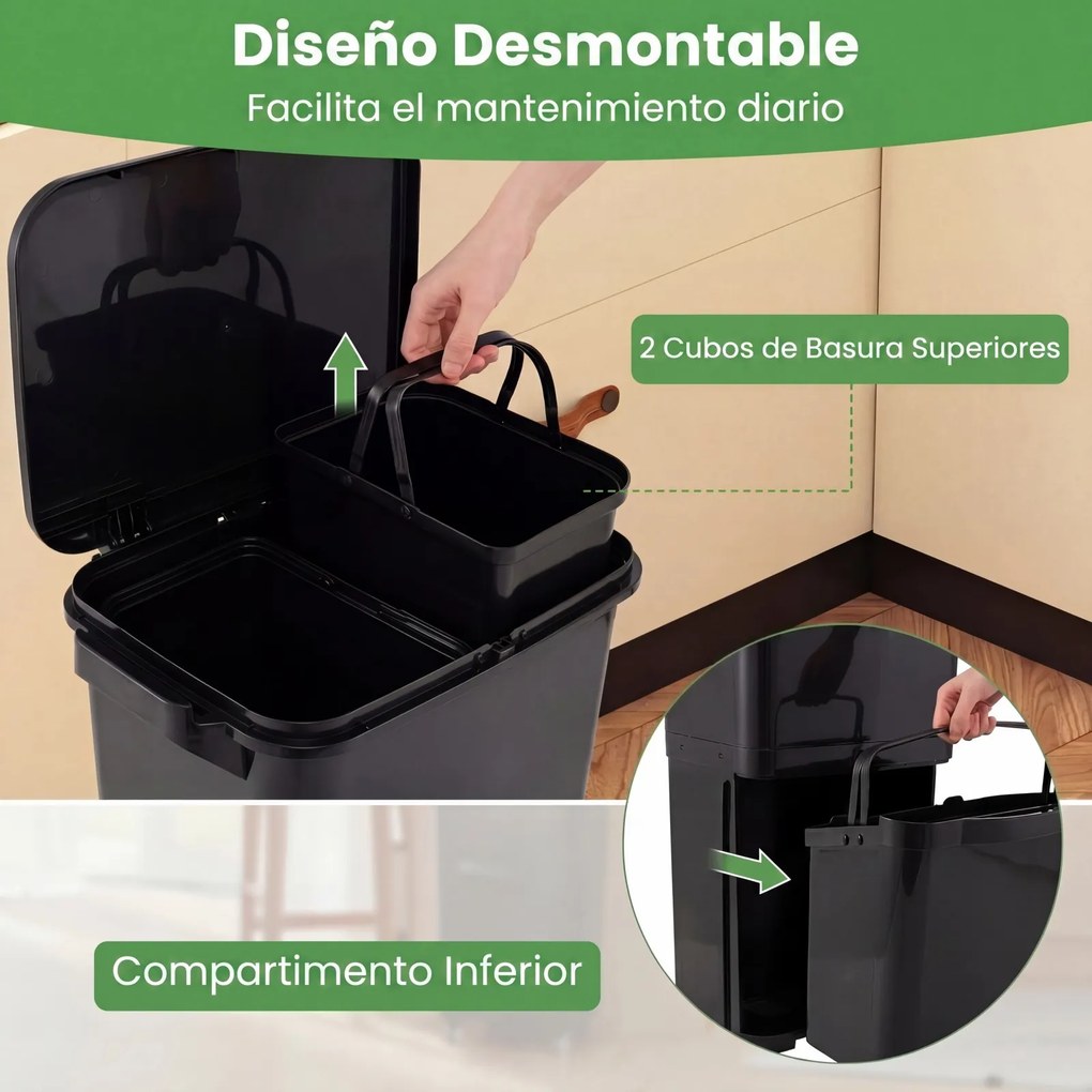 Caixote do lixo de 36 litros com 2 cubos e autocolantes para triagem de lixo 42 x 29 x 74 cm (C x L x A) Contentor de resíduos com rodas, modelo unive