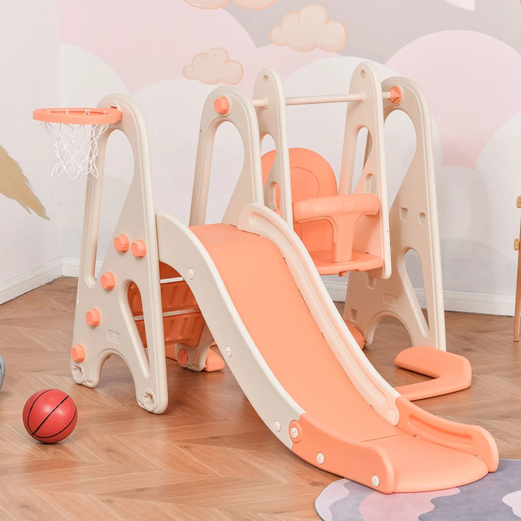 Baloiço e Escorrega para Crianças acima de 18 Meses Cesta de Basquetebol 3 em 1 com Assento Ajustável Parque Infantil Interior e Exterior 158x117x97cm Coral