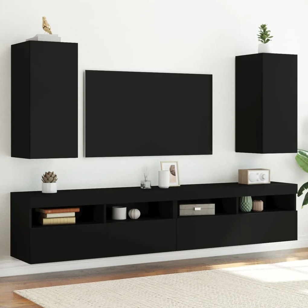 vidaXL Móveis de parede p/ TV com luzes LED 2 pcs 30,5x35x70 cm preto