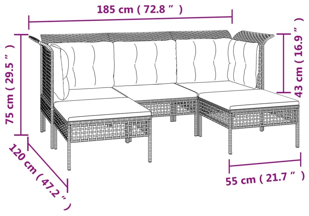 5 pcs conjunto lounge de jardim c/ almofadões vime PE cinzento