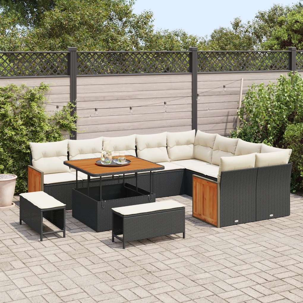 vidaXL Conjunto de Sofá de Jardim de 12 Peças com Almofadas Pretas de Vime Sintético e Acácia