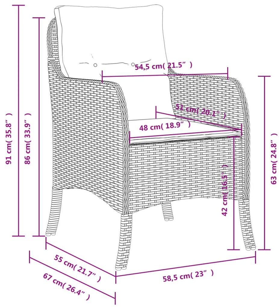 Cadeiras de jardim com almofadões 2 pcs vime PE cinzento-claro