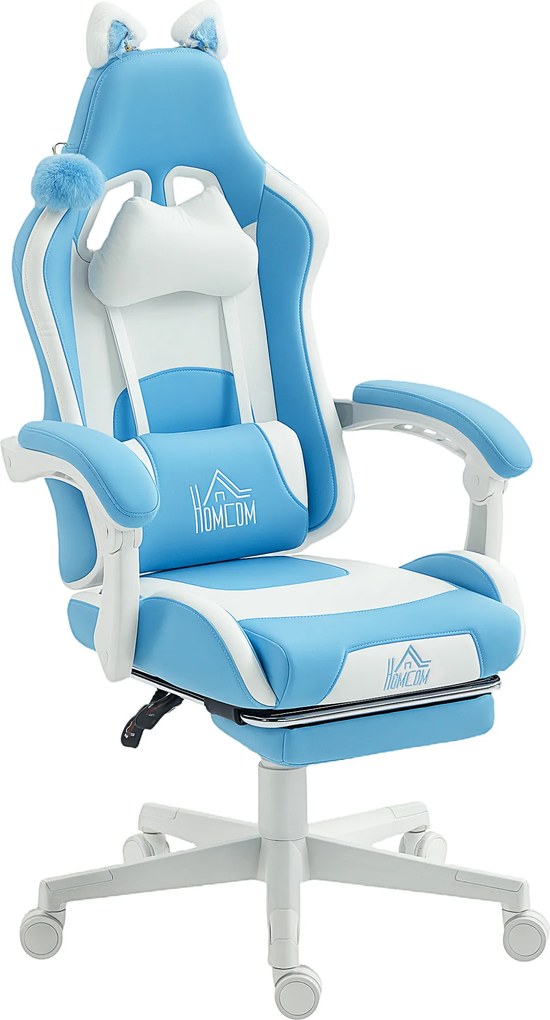 HOMCOM Poltrona gamer com orelhas de gato, encosto reclinável, apoio para os pés extensível, suporta até 120 kg, azul-mar | Aosom Portugal