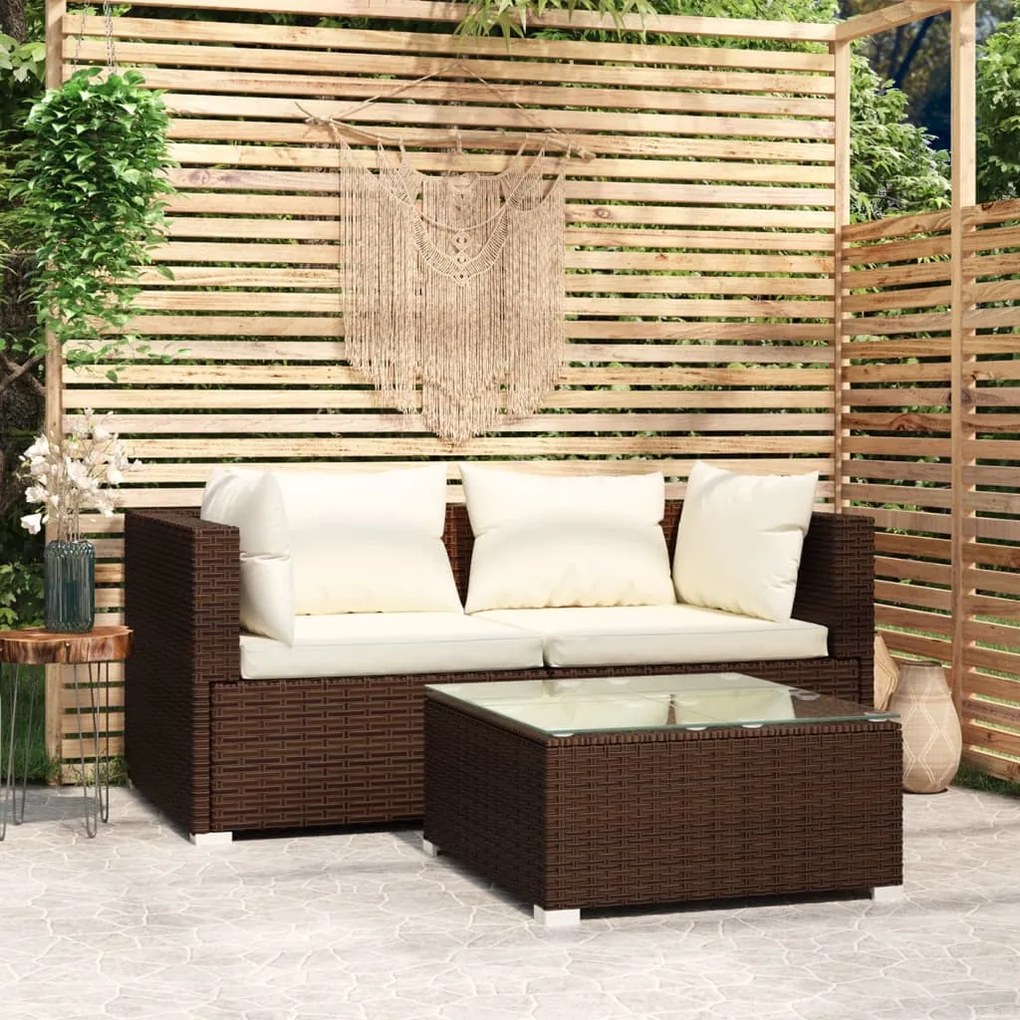 vidaXL 3 pcs conjunto lounge jardim c/ almofadões vime PE castanho