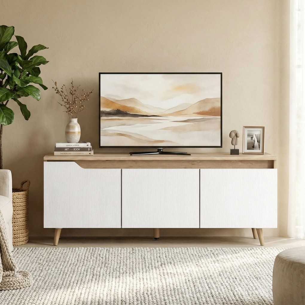 Móvel TV 120 cm para Televisor até 140 cm com 3 Portas Prateleira Ajustável Carvalho e Branco