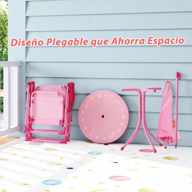 Conjunto de piquenique para crianças 3-6 anos Mesa de atividades ao ar livre com 2 cadeiras dobráveis e guarda-sol ajustável em altura Rosa