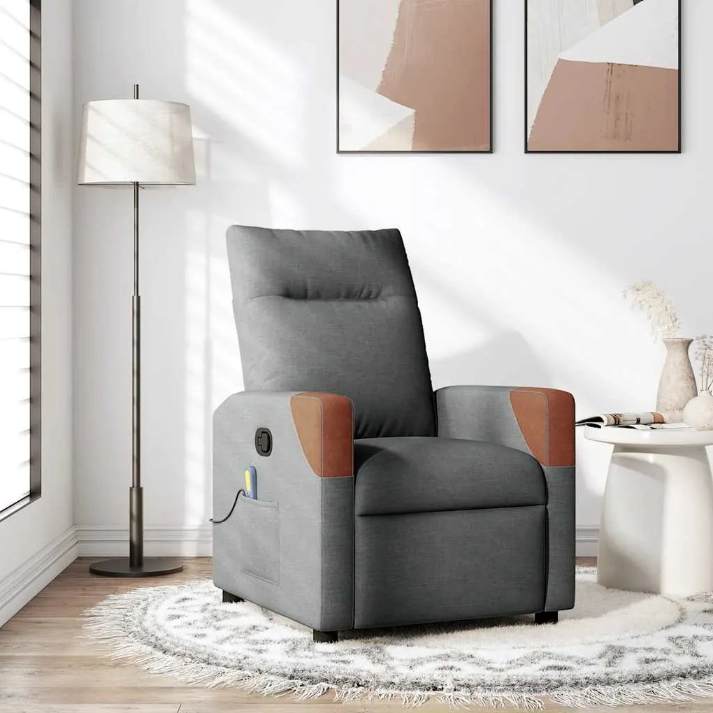 vidaXL Poltrona de massagens reclinável tecido cinzento-escuro