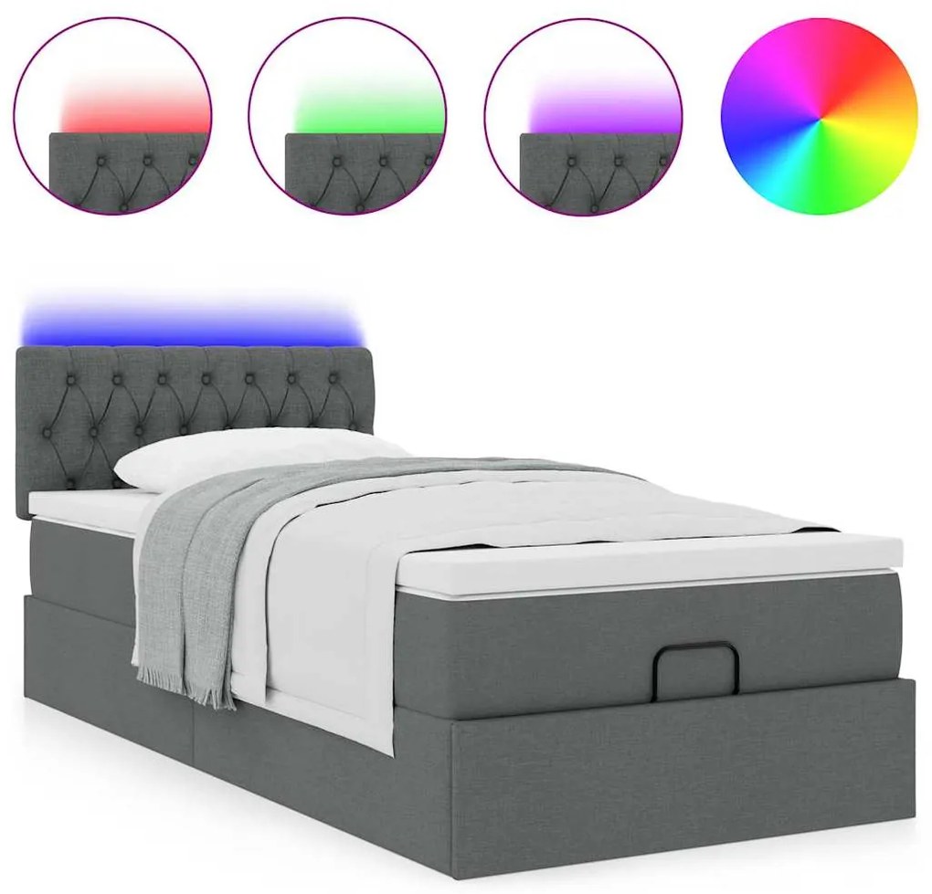Cama otomana com colchão & LEDs 90x200cm tecido cinzento escuro