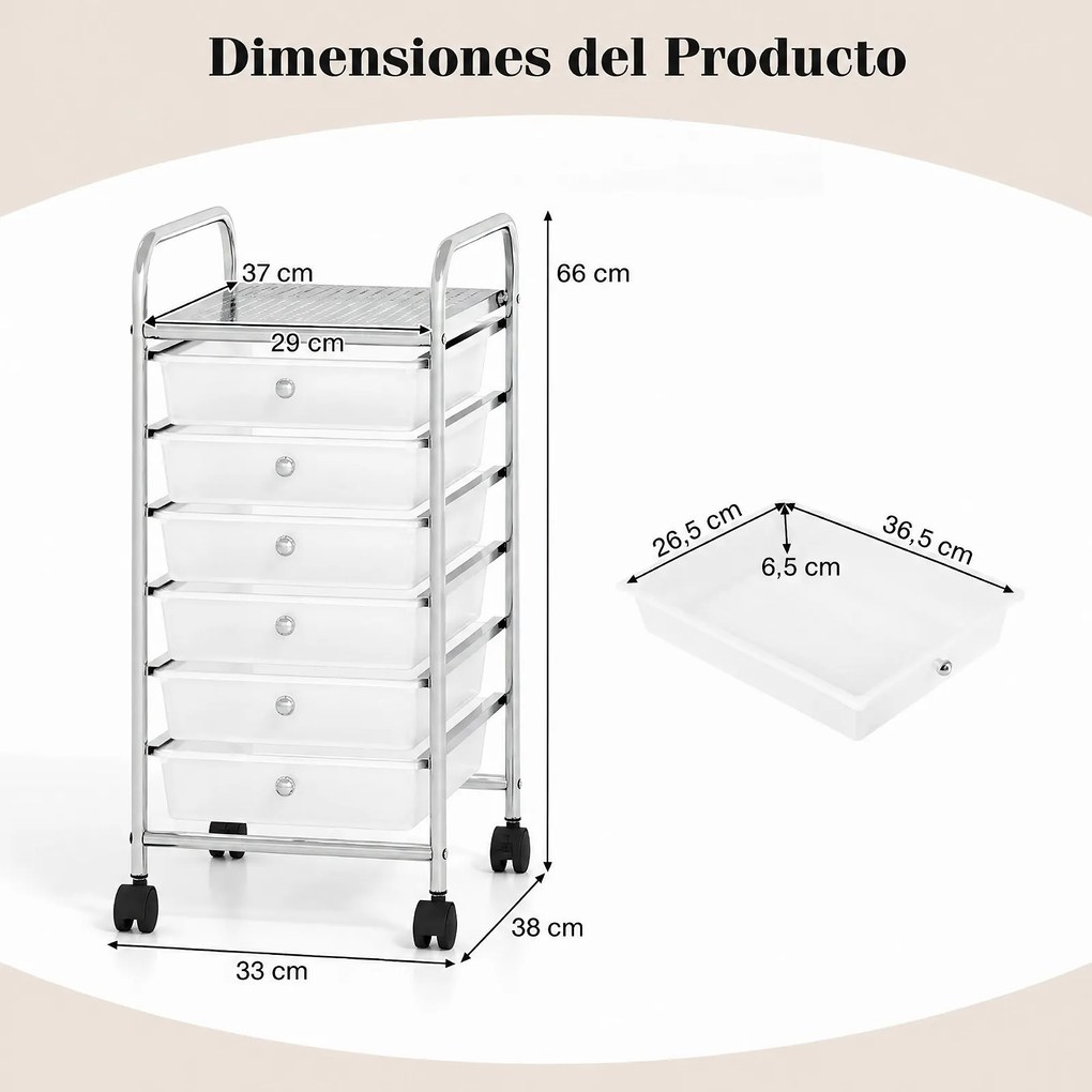 Carrinho de Armazenamento com 6 Gavetas, 33 x 38 x 66 cm, Rodas Giratórias com Travão, Branco