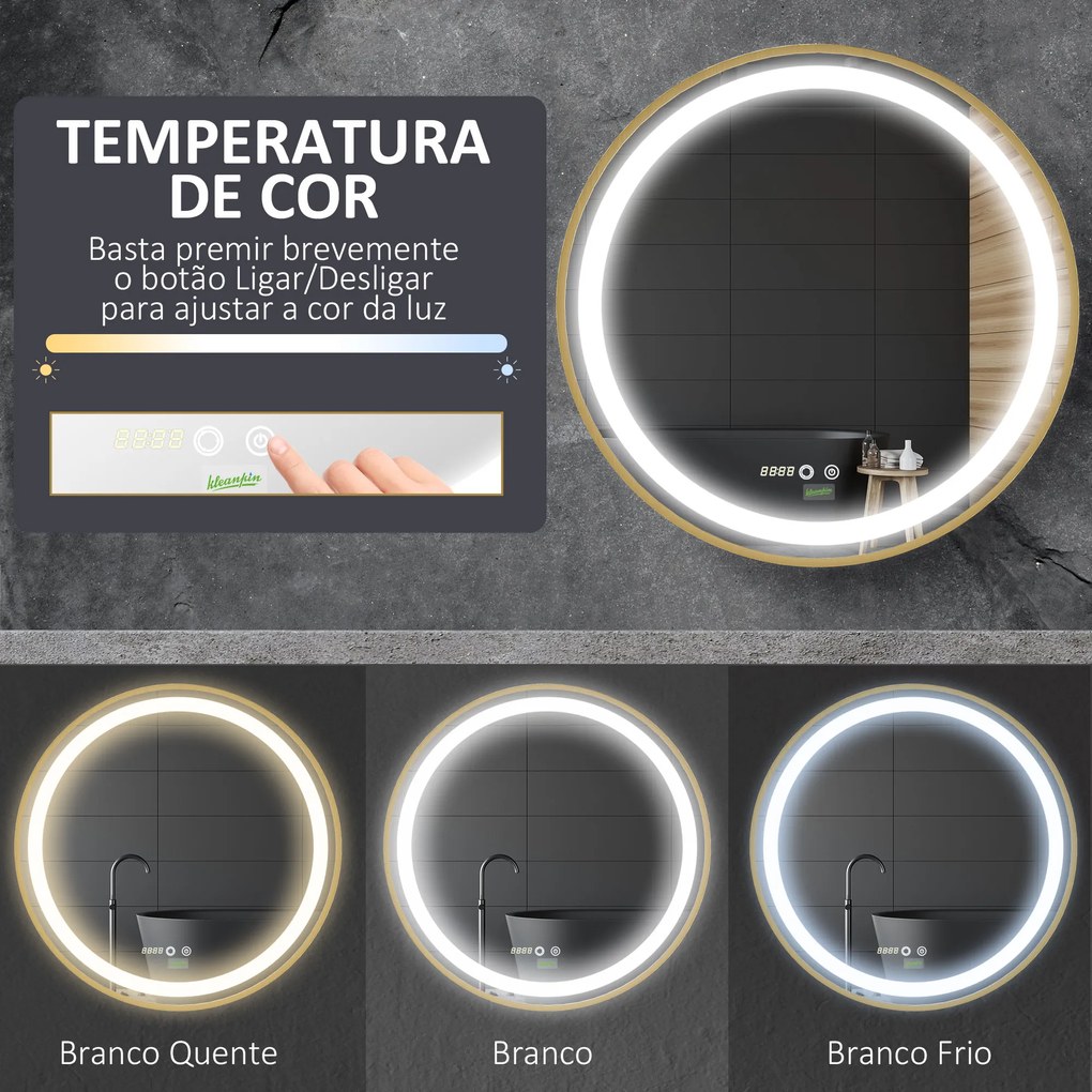 Espelho Casa de Banho com Luz LED Ø60x4cm Espelho Redondo com Interruptor Tátil 3 Luzes Ajustáveis Visualização de Temperatura e Hora Função de Memóri