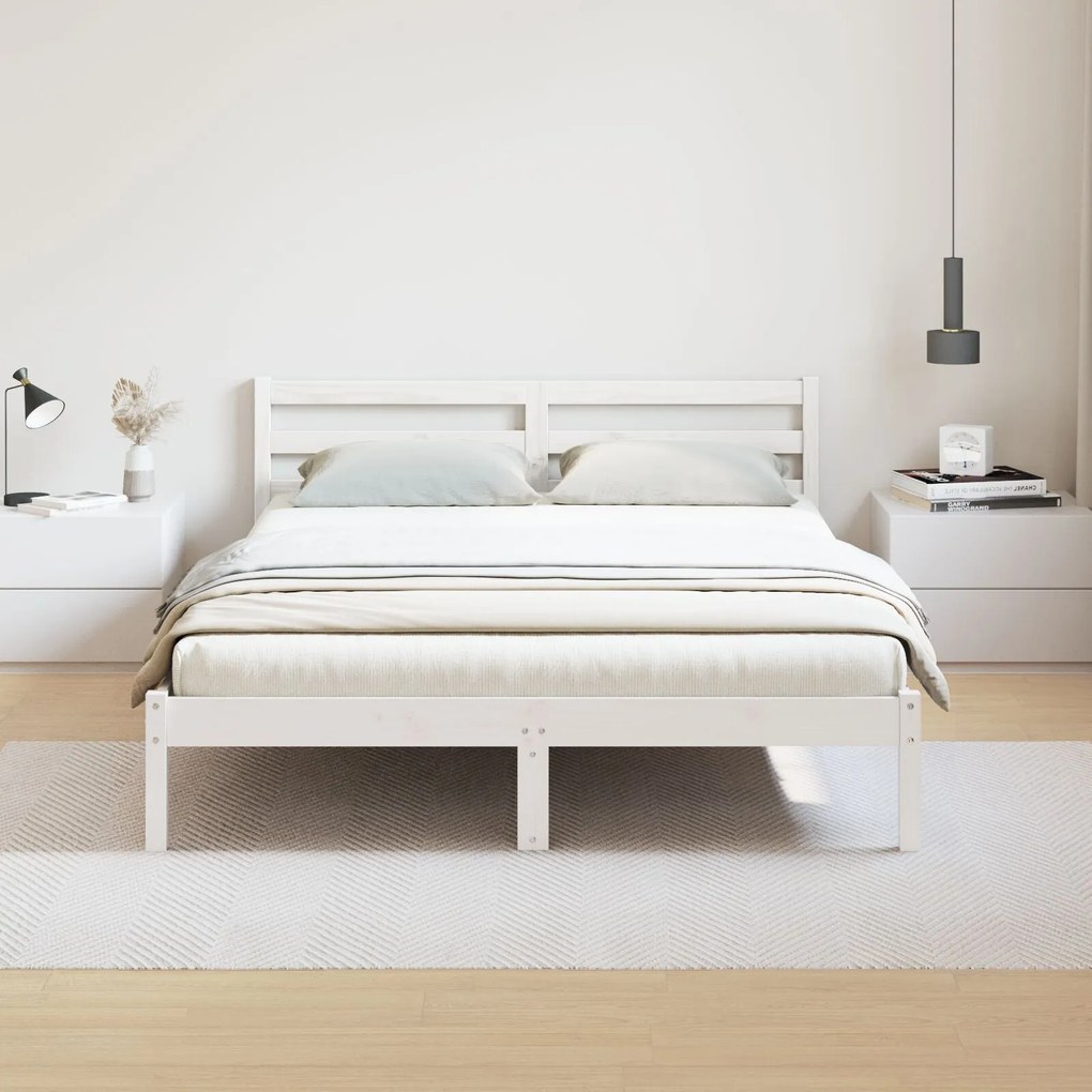 Cama com Cabeceira vidaXL Branca 140x220 cm Madeira Sólida Pinus
