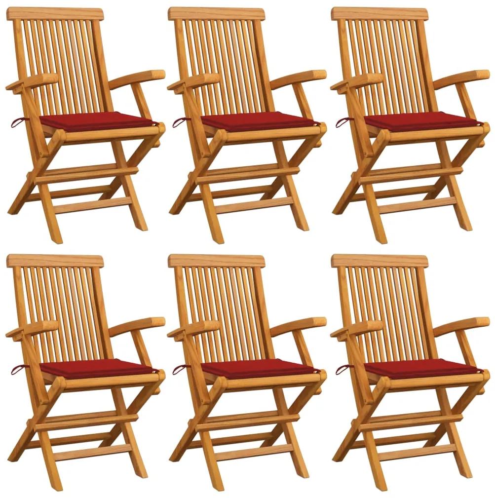 3062547 vidaXL Cadeiras de jardim c/ almofadões vermelhos 6 pcs teca maciça