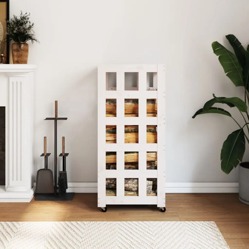 vidaXL Suporte de lenha c/ rodas 40x49x110 cm pinho maciço branco