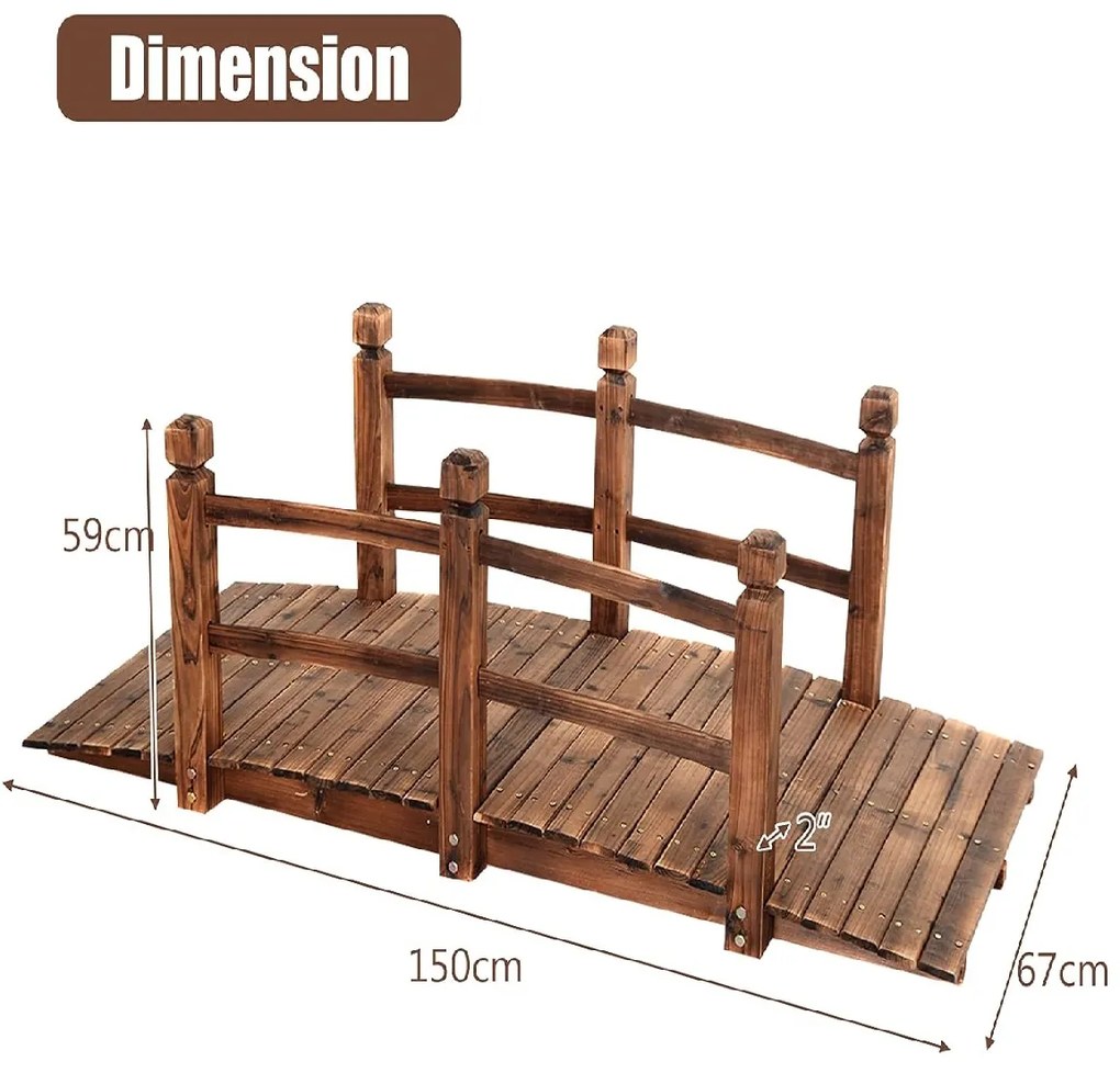 Ponte de madeira rústica e maciça 150 x 67 x 55 cm com corrimão para Decoração de jardim Suporta um peso máximo de 100 kg Castanho