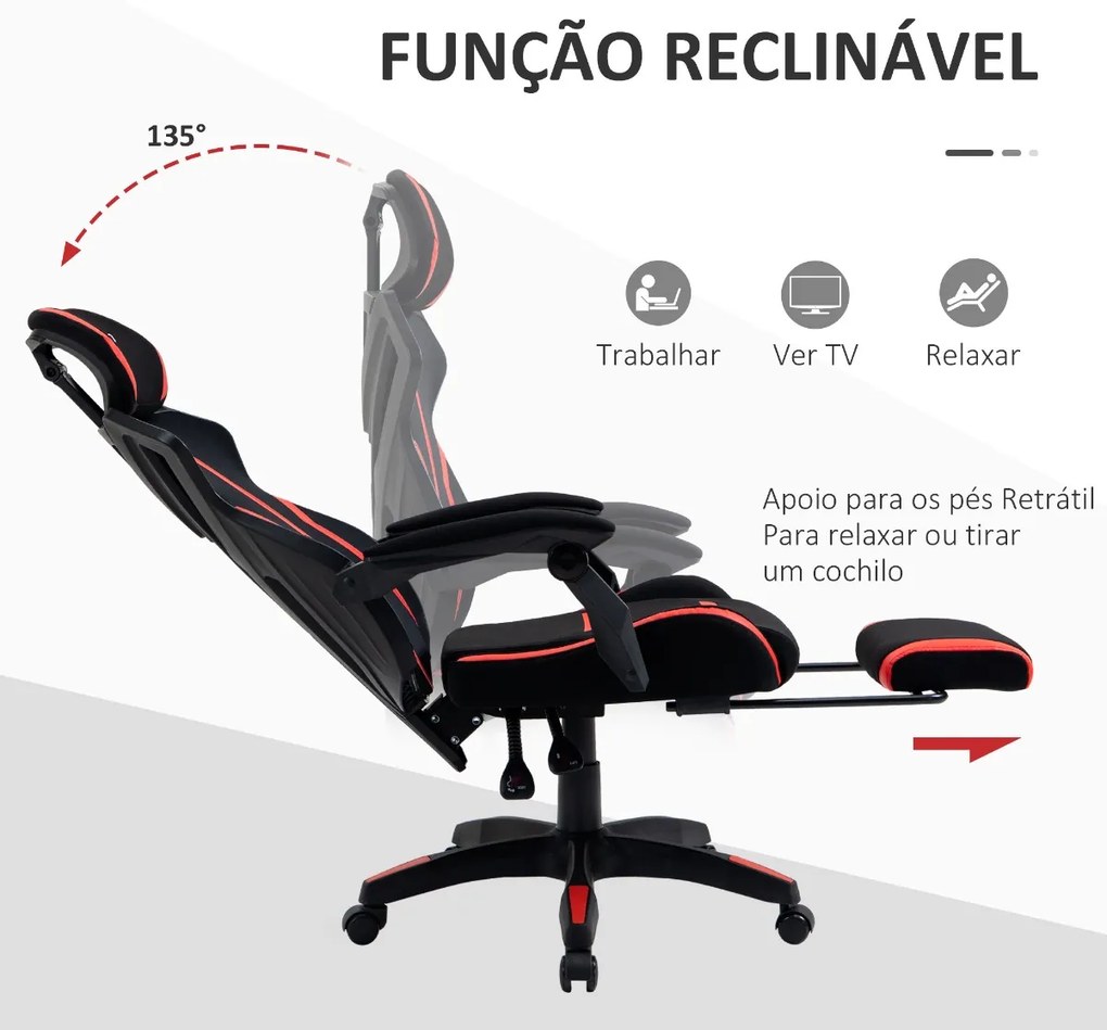 Cadeira de Gaming com Apoio para os Pés Retrátil Cadeira de Escritório Reclinável com Apoio para a Cabeça e Altura Ajustável 65x65x119-129cm Preto e V