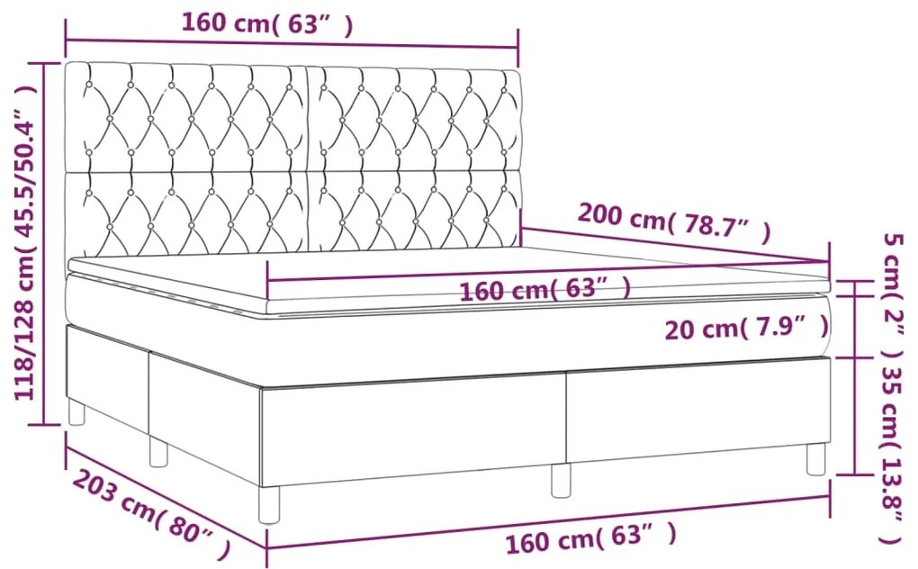 Cama box spring c/ colchão e LED 160x200 cm tecido cinza-escuro