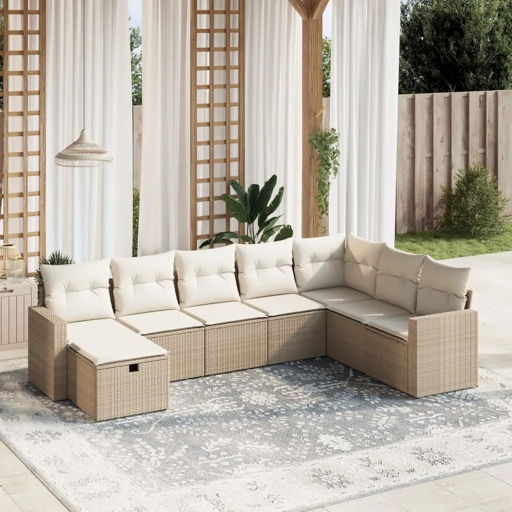 8 pcs conjunto de sofás p/ jardim com almofadões vime PE bege