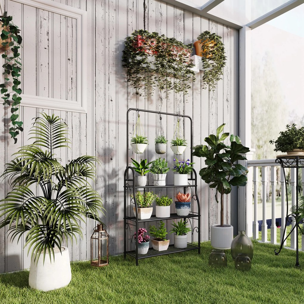 Suporte para Plantas de 3 Níveis Suporte para Vasos de Plantas com Ganchos de Metal Barra para Pendurar 75x25x137 cm Preto