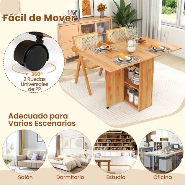 Mesa de jantar dobrável com 2 rodas para espaços pequenos com gaveta Natural