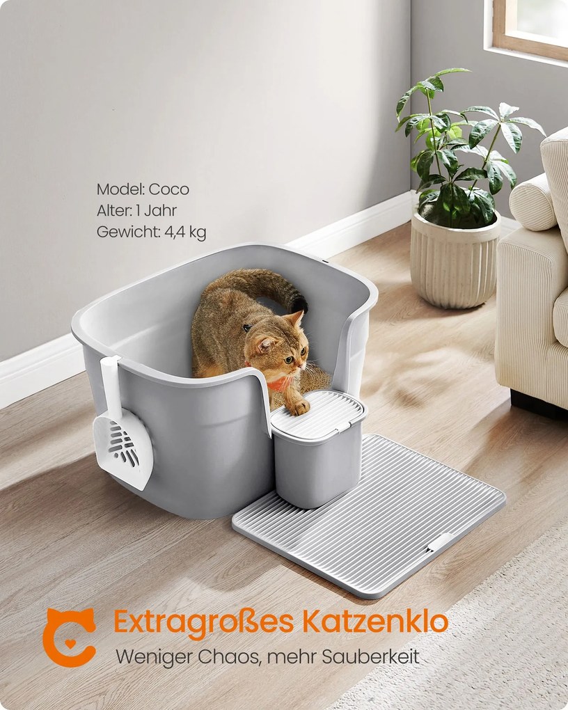 Caixa de areia Gatos 64 x 76 x 33 cm com paredes laterais altas cinzento