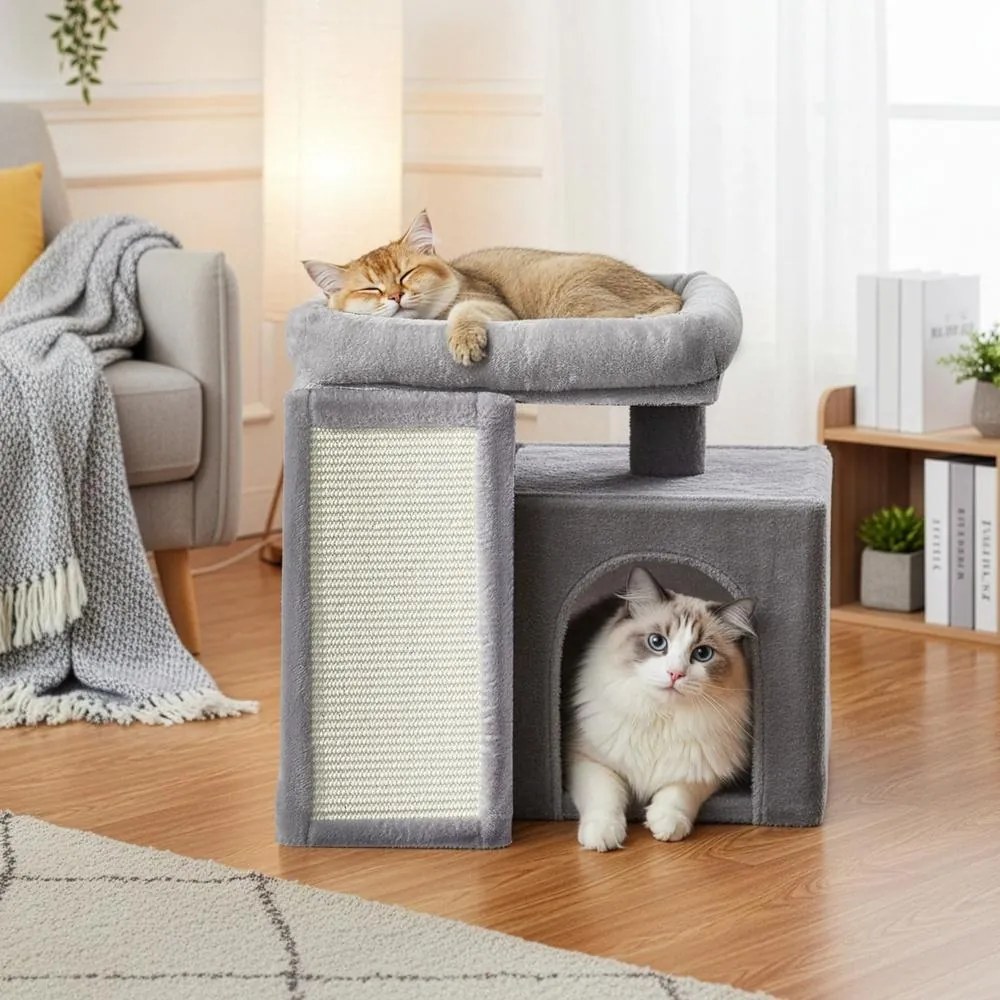Arranhador para Gatos de arranhar com placa de arranhar 51 x 39,2 x 46,4 cm, casinha para gatos e plataforma cinzento claro