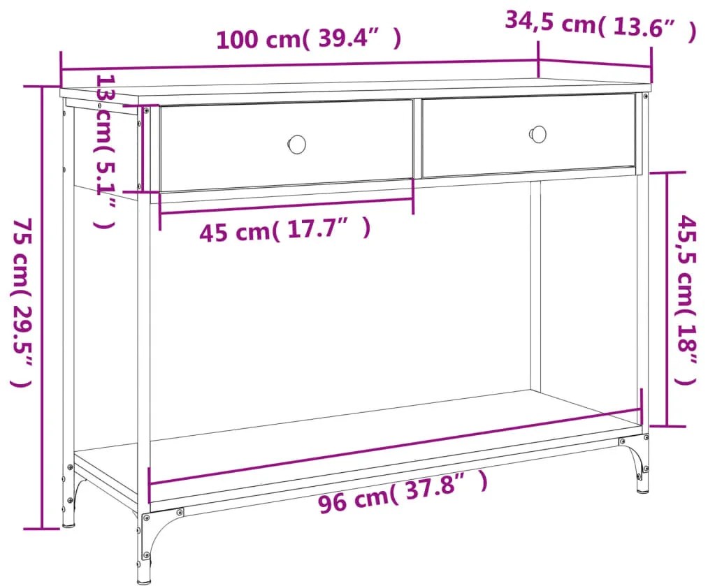 Mesa consola 100x34,5x75cm derivados de madeira carvalho fumado