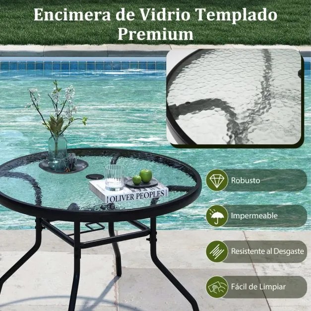 Mesa jarim para exterior com vidro temperado 70 x 70 x 45,5 cm, orifício para guarda-sol e metal para jardim ou terraço Preta