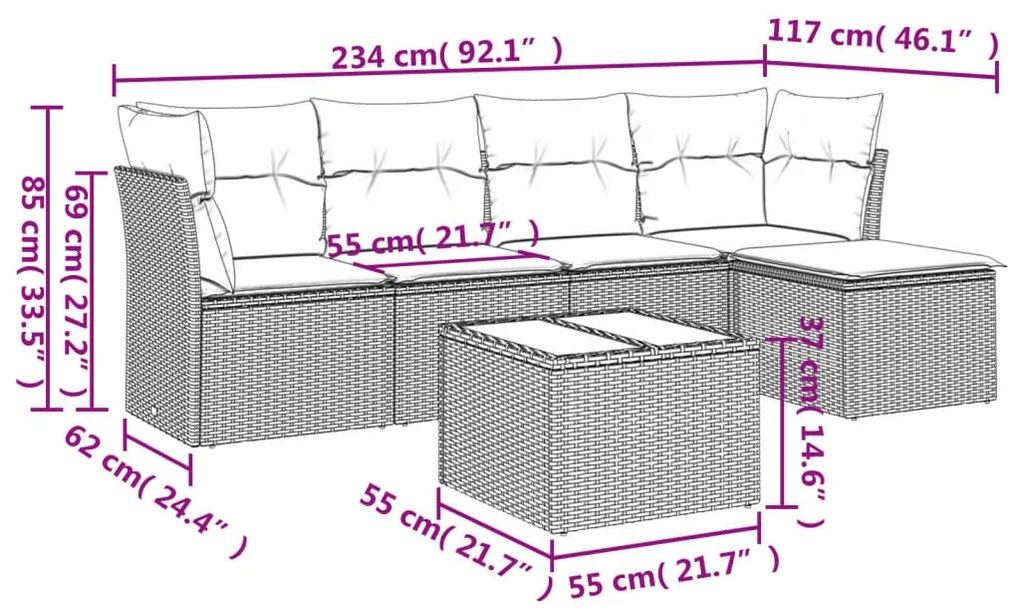 6 pcs conj. sofás jardim com almofadões vime PE cinzento-claro