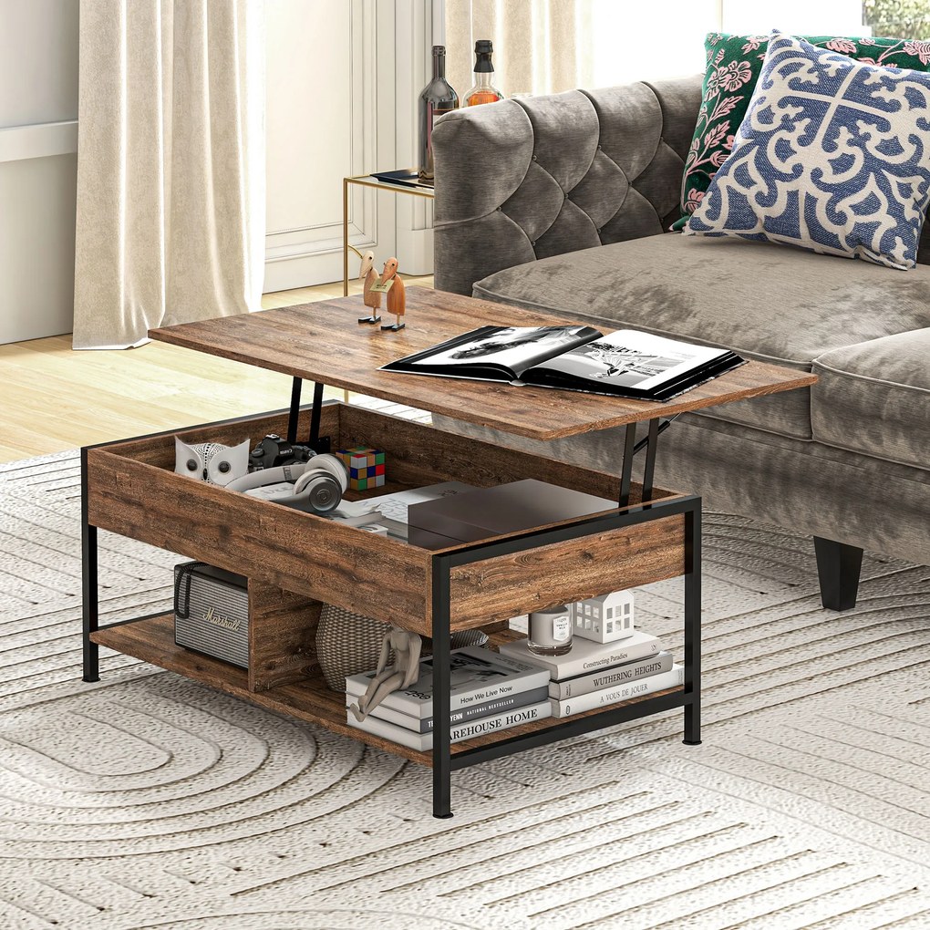 Mesa de centro  100 x 80 x 60 cm elevável com compartimento oculto, 2 prateleiras inferiores,, castanho rústico e preto
