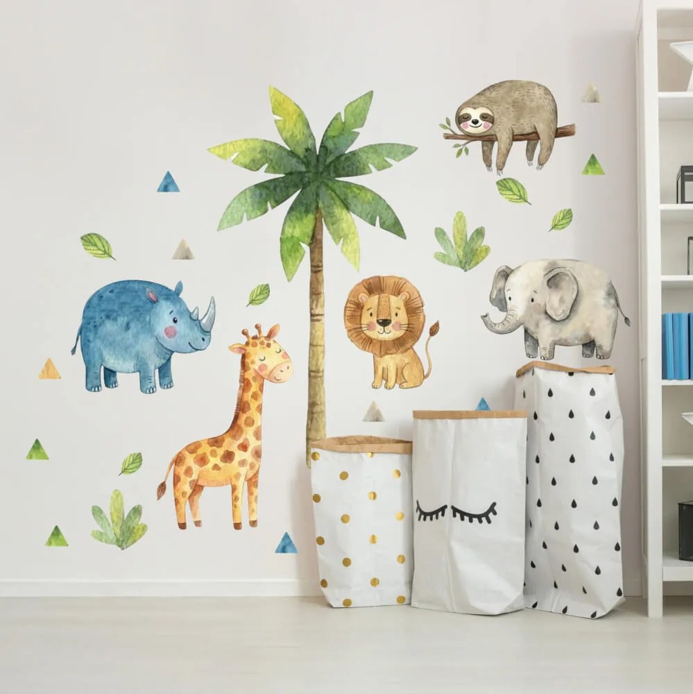 Autocolante de aguarela para o quarto – Palmeira e animais