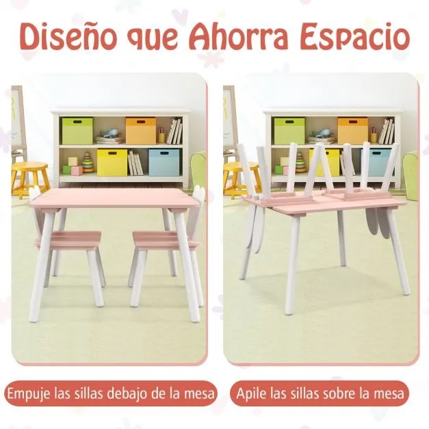 Conjunto de mesa e cadeiras para crianças Mesa quadrada 2 cadeiras desenho coelhos Rosa