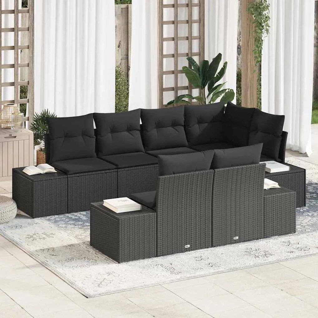 Conjunto de Sofá de Jardim com 7 Peças e Almofadas Pretas em Rattan