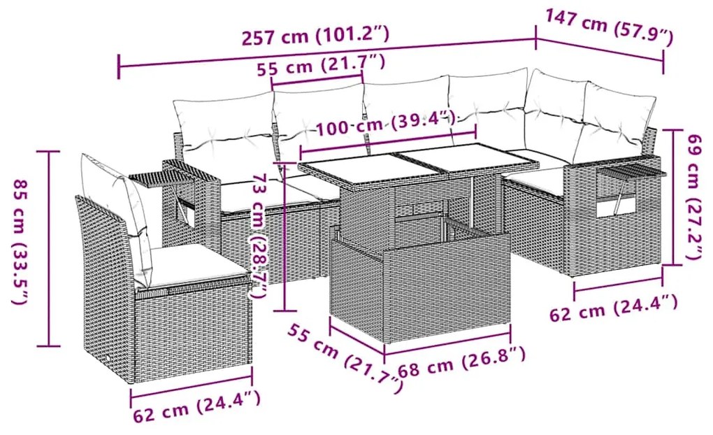 7 pcs conjunto de sofás p/ jardim c/ almofadões vime PE preto