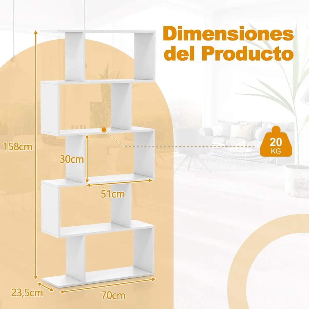 Estante de 5 níveis em forma de S com dispositivo anti-queda Divisória de sala 70 x 23,5 x 158 cm Branca