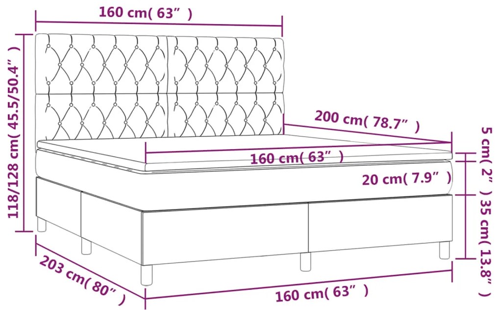 Cama box spring c/ colchão/LED 160x200cm tecido castanho-escuro