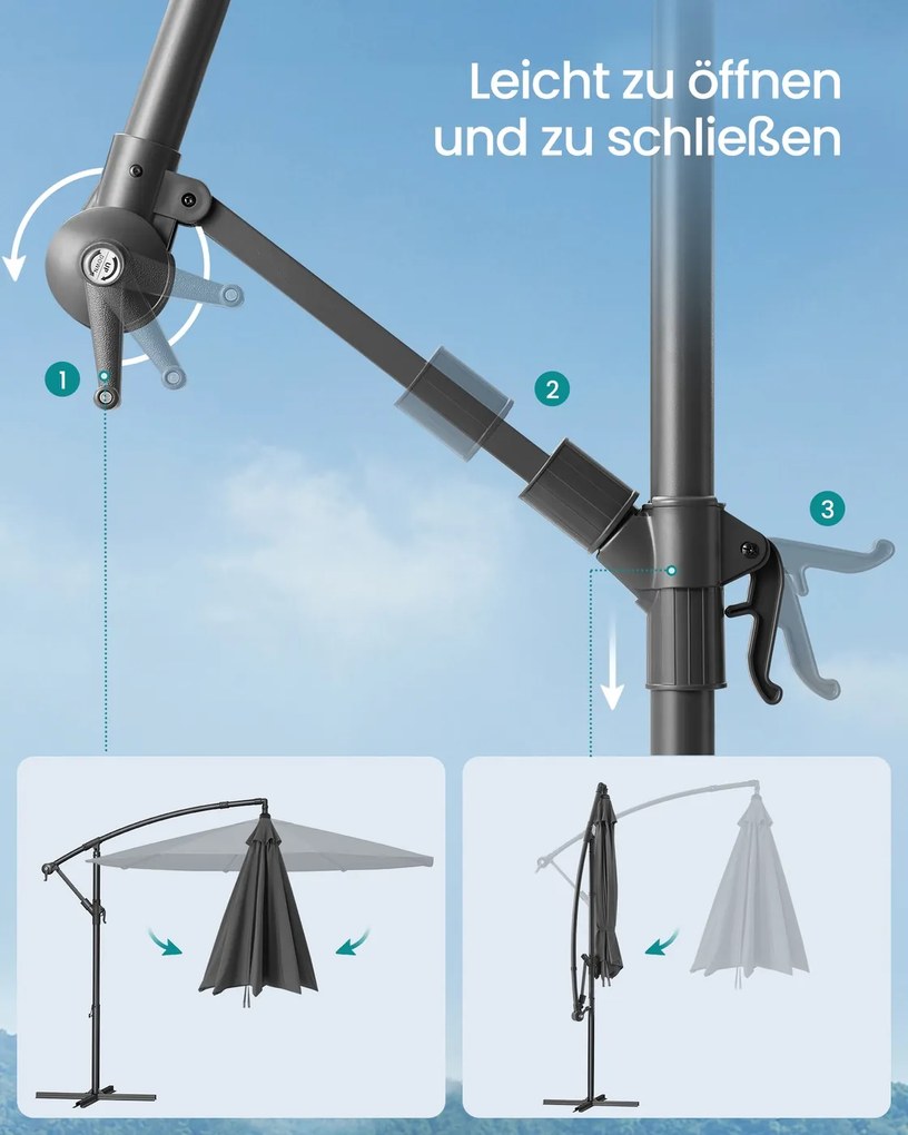 Guarda-sol de 350 cm com manivela para abrir e fechar com base cruzada, cinzento