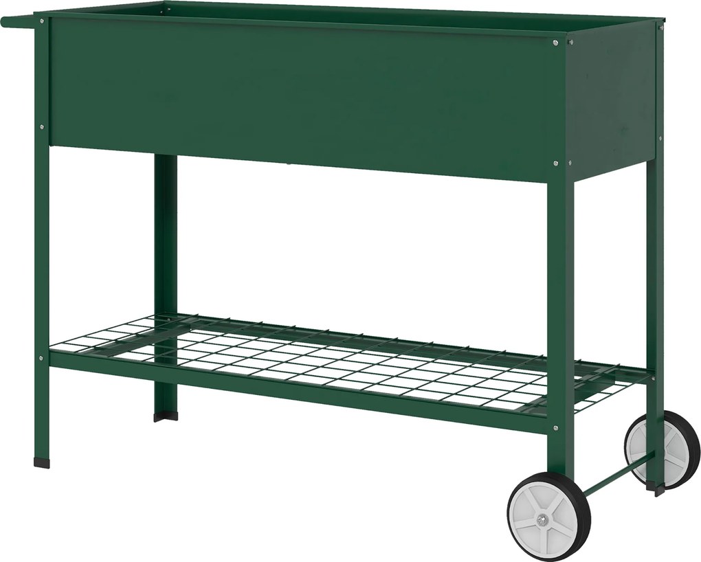 Floreira Vertical Elevada de Metal Horta Vertical com Rodas Alça Lateral e Prateleira Inferior para Cultivo 109x44x80 cm Verde