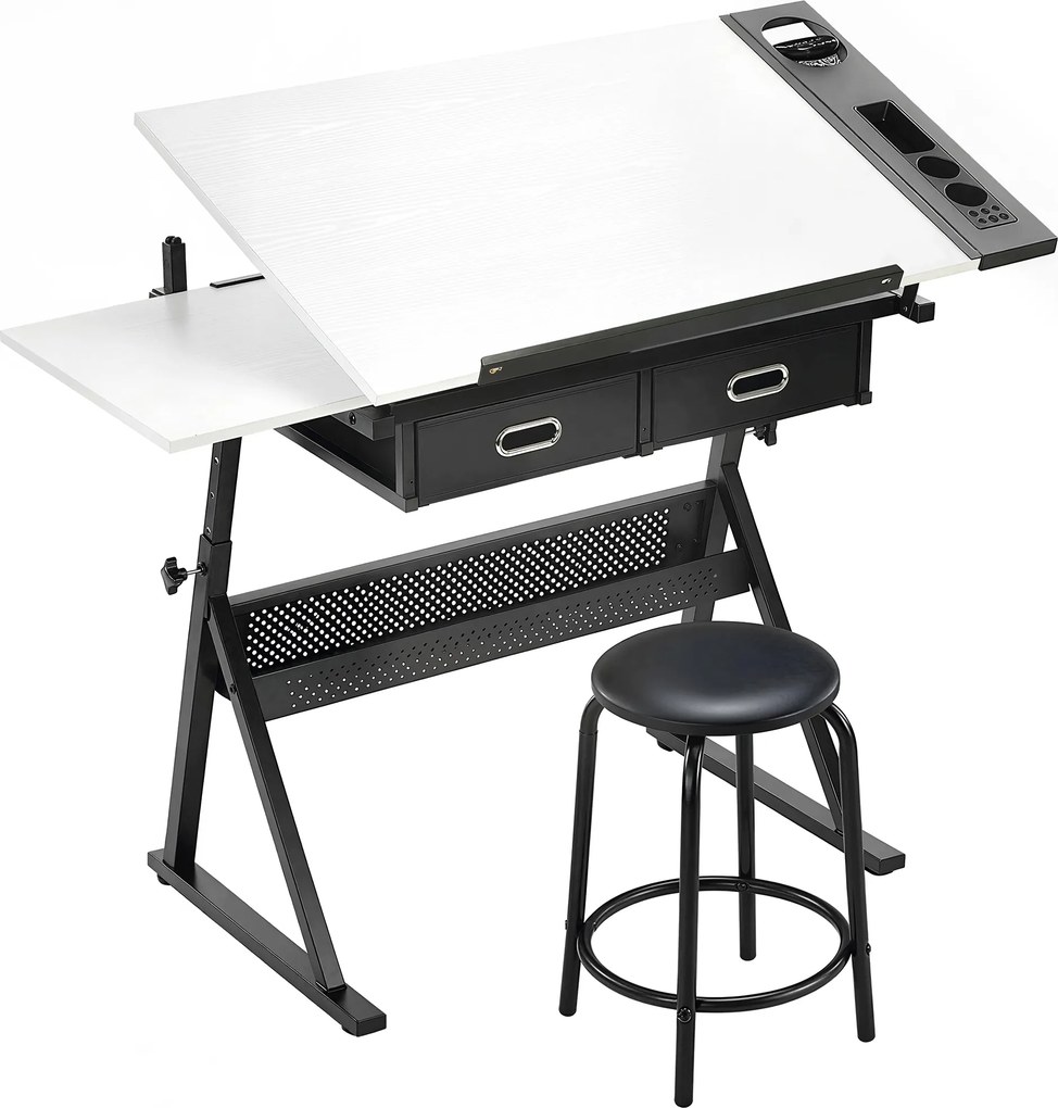 HOMCOM Mesa de desenho com banco e 2 gavetas, altura ajustável, tampo inclinável 0° a 60°, 120 x 60 x 68-92 cm, branco | Aosom Portugal