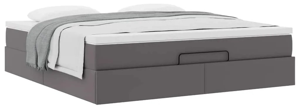 Estrutura de cama otomana com colchão cinza couro falso