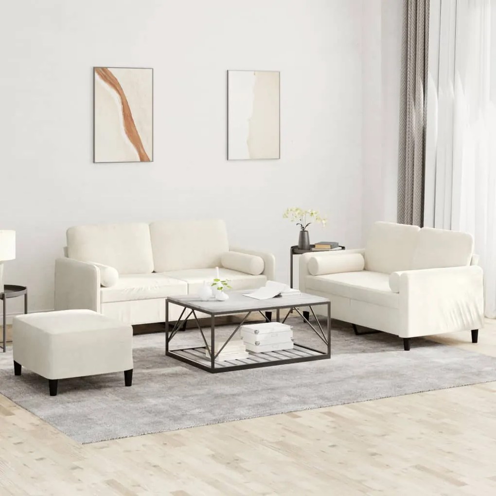 3 pcs conjunto de sofás com almofadas veludo cor creme
