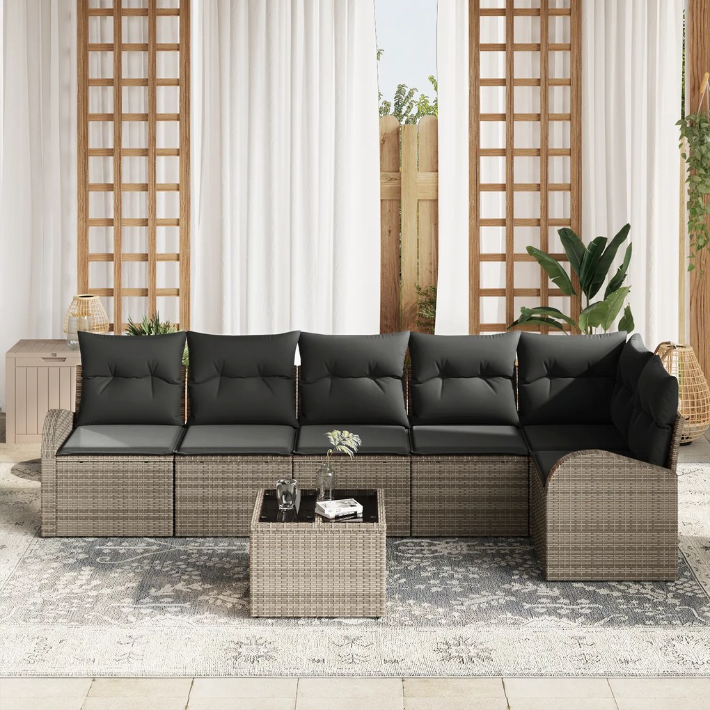 Conjunto de Sofás de Jardim 6 Peças com Almofadas Rattan Poliéster Pre