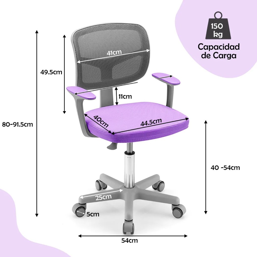 Cadeira infantil de escrivaninha ergonómica para crianças com rodas, trava de pressão, cadeira giratória para computador, altura ajustável, suporte lombar Púrpura